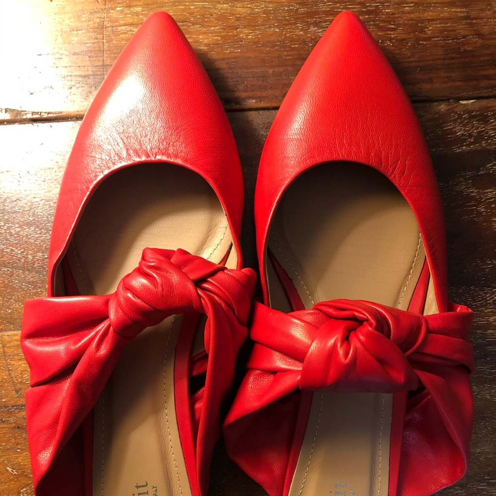 Lewit Cara Red Leather Knot Pointy Toe Mule Flats